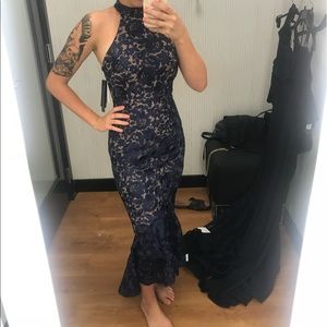 “Aqua” Navy Blue Lacey High Low Dress